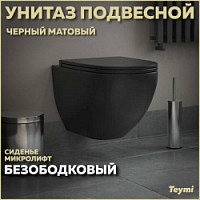 Превью фото Унитаз подвесной безободковый с быстросъемным сиденьем микролифт Teymi Lina S Black черный матовый T40111 № 1