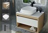 Тумба подвесная с раковиной для ванной 65 см Teymi Ritta корпус дуб фасад белый раковина Solli 41 смеситель черный матовый F03847