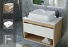 Тумба подвесная с раковиной для ванной 65 см Teymi Ritta корпус дуб фасад белый раковина Helmi S 48 смеситель хром F03938