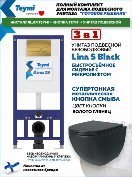 Комплект инсталляция Teymi Aina с кнопкой золото глянец + унитаз Lina S Black F17645