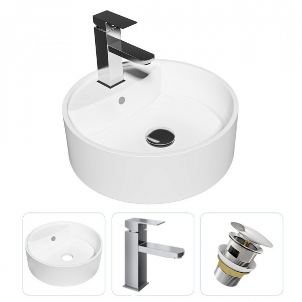 Раковина накладная для ванной Teymi Lina S D40 в комплекте смеситель хром и донный клапан клик-клак с переливом хром F01632