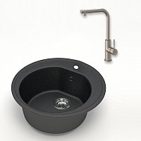 Превью фото Комплект Teymi 2 в 1 для кухни: мойка Lina D51, круглая, черная матовая + смеситель для кухни Lori с выдвижной лейкой, 2 струи, сатин F01469 № 1