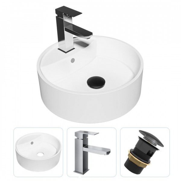 Раковина накладная для ванной Teymi Lina S D40 в комплекте смеситель хром и донный клапан клик-клак с переливом черный F01631