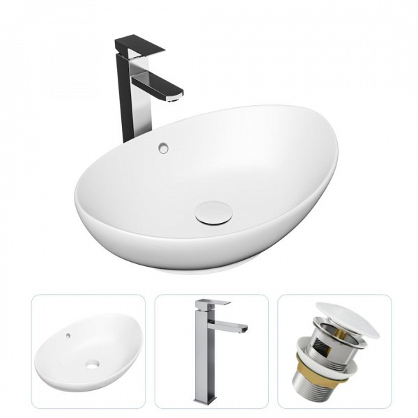 Раковина накладная для ванной Teymi Lori 60 в комплекте смеситель высокий хром и донный клапан клик-клак с переливом белый F01684