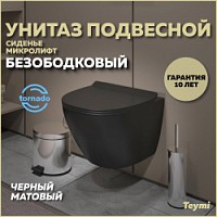 Превью фото Унитаз подвесной торнадо безободковый с быстросъемным сиденьем микролифт Teymi Lina Pro Vortex Black черный матовый T40114 № 1