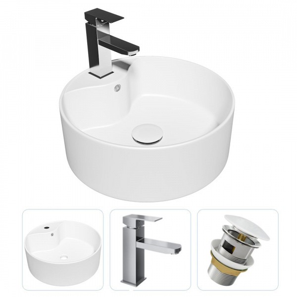 Раковина накладная для ванной Teymi Lina Pro D40 в комплекте смеситель хром и донный клапан клик-клак с переливом белый F01633