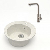 Превью фото Комплект Teymi 2 в 1 для кухни: мойка Lina D51, круглая, белая матовая + смеситель для кухни Lori с выдвижной лейкой, 2 струи, сатин F01472 № 1