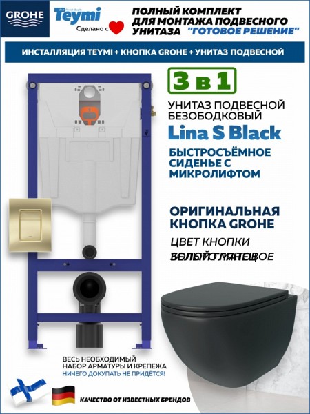 Комплект инсталляция Teymi Rapid SL с кнопкой GROHE золото матовое + унитаз Lina S Black F17490