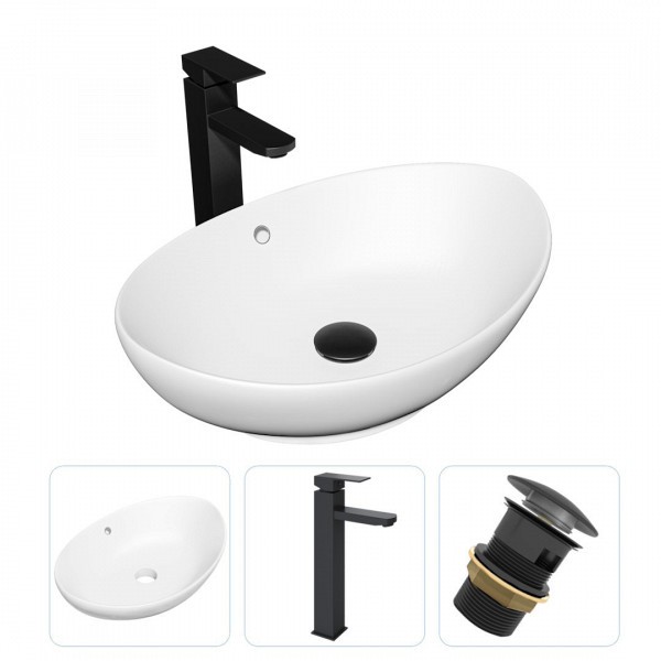 Раковина накладная для ванной Teymi Lori 60 в комплекте смеситель высокий черный матовый и донный клапан клик-клак с переливом черный F01739