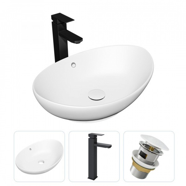 Раковина накладная для ванной Teymi Lori 60 в комплекте смеситель высокий черный матовый и донный клапан клик-клак с переливом белый F01738