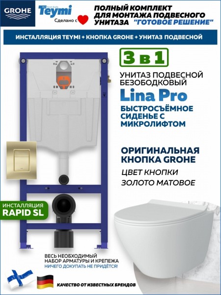 Комплект инсталляция Teymi Rapid SL с кнопкой GROHE золото матовое + унитаз Lina Pro F17508