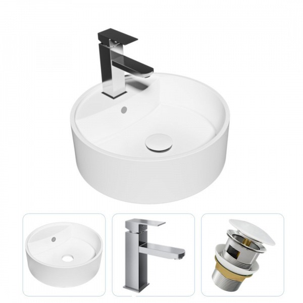 Раковина накладная для ванной Teymi Lina S D40 в комплекте смеситель хром и донный клапан клик-клак с переливом белый F01630