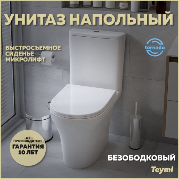 Унитаз напольный торнадо безободковый с быстросъемным сиденьем микролифт Teymi Ellie Vortex T40206