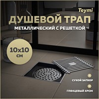 Превью фото Трап для душа с сухим затвором вертикальный выпуск Teymi Helmi 10х10 c решеткой хром T90322 № 1