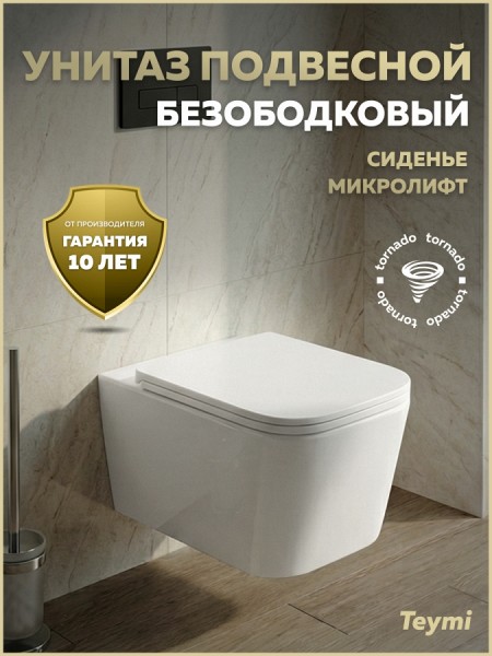 Унитаз подвесной торнадо безободковый с быстросъемным сиденьем микролифт Teymi Helmi PP Vortex T40313