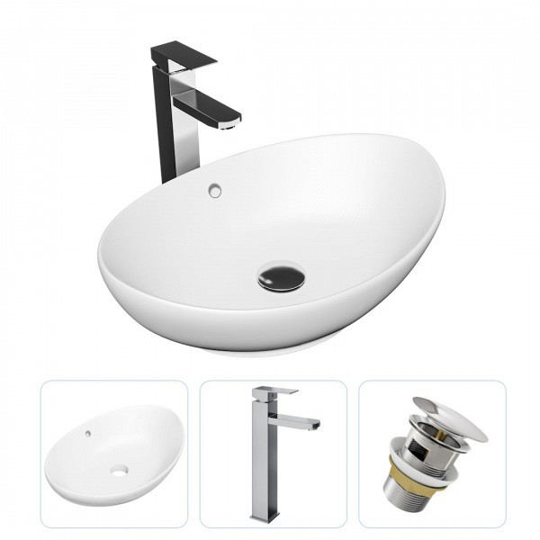 Раковина накладная для ванной Teymi Lori 60 в комплекте смеситель высокий хром и донный клапан клик-клак с переливом хром F01686