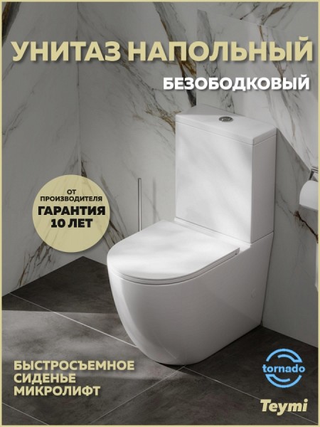 Унитаз напольный торнадо безободковый с быстросъемным сиденьем микролифт Teymi Lina Vortex T40115