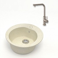 Превью фото Комплект Teymi 2 в 1 для кухни: мойка Lina D51, круглая, бежевая матовая + смеситель для кухни Lori с выдвижной лейкой, 2 струи, сатин F01475 № 1