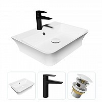 Превью фото Раковина накладная для ванной Teymi Aina 49 в комплекте смеситель черный матовый и донный клапан клик-клак с переливом белый F07766 № 1