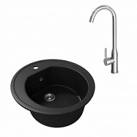 Превью фото Мойка для кухни Teymi Lina D51 круглая черная матовая в комплекте смеситель для кухни Lina хром F01532 № 1