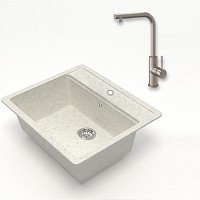 Превью фото Комплект Teymi 2 в 1 для кухни: мойка Helmi 57х50, белая матовая + смеситель для кухни Lori с выдвижной лейкой, 2 струи, сатин F01470 № 1