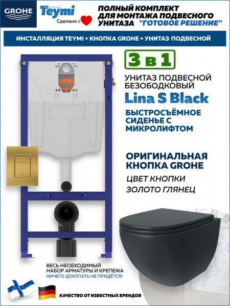 Комплект инсталляция Teymi Rapid SL с кнопкой GROHE золото глянец + унитаз Lina S Black F17489