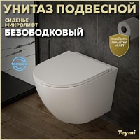 Превью фото Унитаз подвесной торнадо безободковый с быстросъемным сиденьем микролифт Teymi Lina Vortex T40110 № 1