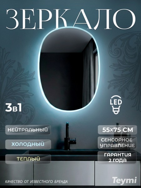 Зеркало настенное с подсветкой в ванную Teymi Valma 550х750 LED сенсор T20706