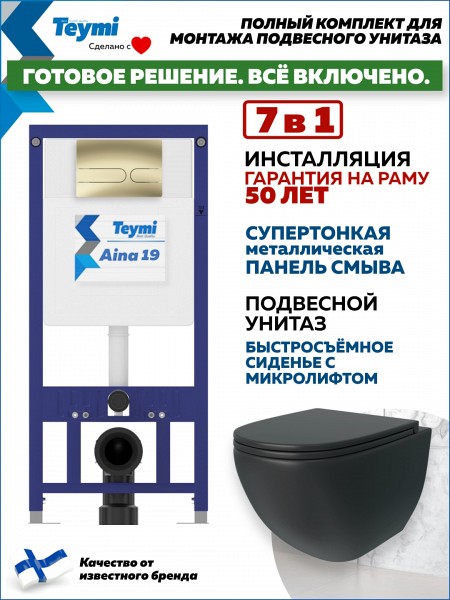Комплект инсталляция Teymi Aina с кнопкой золото матовое + унитаз Lina S Black F17644