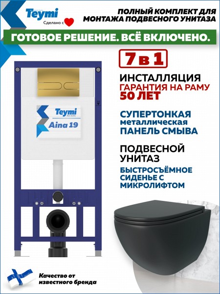 Комплект инсталляция Teymi Aina с кнопкой золото глянец + унитаз Lina S Black F17645