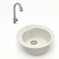 Превью фото Комплект Teymi 2 в 1 для кухни: мойка Lina D51, круглая, белая матовая + смеситель для кухни Lori для кухни с выдвижным изливом, глянцевый хром F01499 № 1