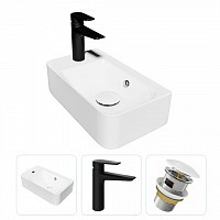 Превью фото Раковина подвесная для ванной Teymi Hanna 45 левая в комплекте смеситель черный матовый и донный клапан клик-клак с переливом белый F07772 № 1