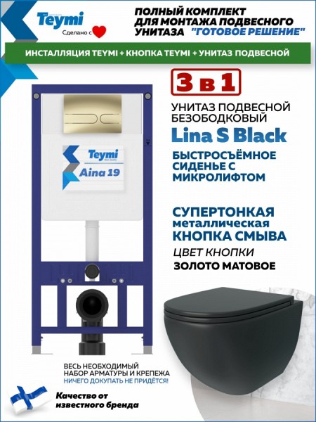 Комплект инсталляция Teymi Aina с кнопкой золото матовое + унитаз Lina S Black F17644