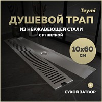 Превью фото Трап для душа с сухим затвором вертикальный выпуск Teymi Helmi 10х60 c решеткой нержавеющая сталь T90333 № 1
