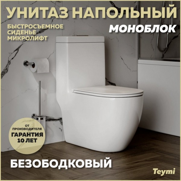 Унитаз напольный моноблок безободковый с быстросъемным сиденьем микролифт Teymi Lina T41102