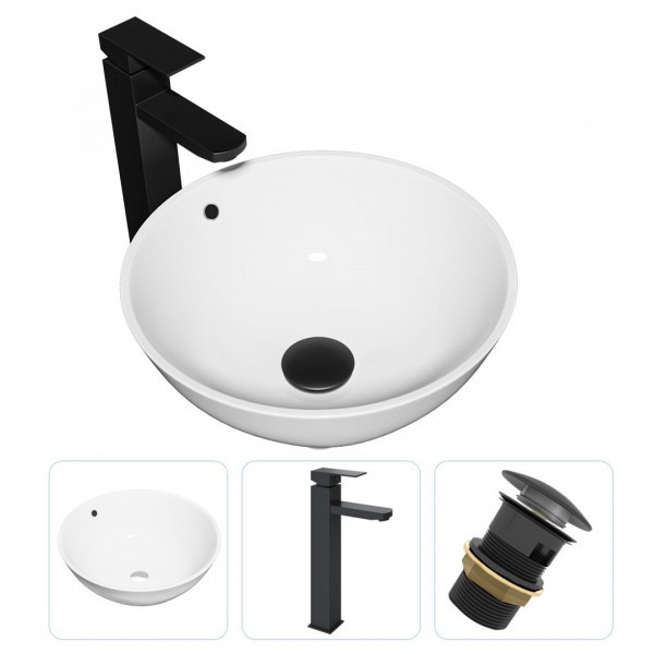 Раковина накладная для ванной Teymi Lina kuppi D40 в комплекте смеситель высокий черный матовый и донный клапан клик-клак с переливом черный F01742