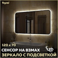 Превью фото Зеркало настенное с подсветкой в ванную Teymi Solli Black Soft Line 120x70 LED сенсор на взмах T20230S № 1