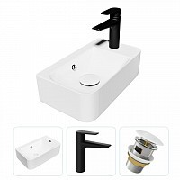 Превью фото Раковина подвесная для ванной Teymi Hanna 45 правая в комплекте смеситель черный матовый и донный клапан клик-клак с переливом белый F07775 № 1