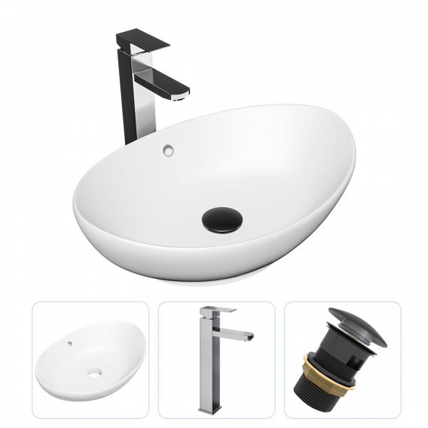 Раковина накладная для ванной Teymi Lori 60 в комплекте смеситель высокий хром и донный клапан клик-клак с переливом черный F01685