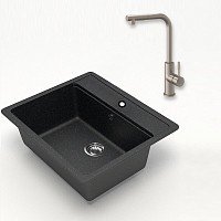 Превью фото Комплект Teymi 2 в 1 для кухни: мойка Helmi 57х50, черная матовая + смеситель для кухни Lori с выдвижной лейкой, 2 струи, сатин F01467 № 1