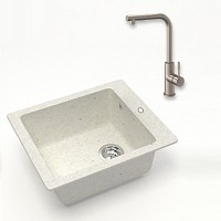 Превью фото Комплект Teymi 2 в 1 для кухни: мойка Helmi 50х42, белая матовая + смеситель для кухни Lori с выдвижной лейкой, 2 струи, сатин F01471 № 1