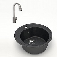 Превью фото Комплект Teymi 2 в 1 для кухни: мойка Lina D51, круглая, черная матовая + смеситель для кухни Lori для кухни с выдвижным изливом, глянцевый хром F01496 № 1