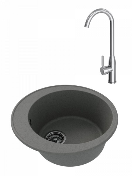Мойка для кухни Teymi Lina Smart D48, круглая, серая матовая в комплекте смеситель для кухни Lina хром F01537