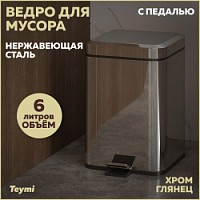 Превью фото Ведро для мусора Teymi Helmi, нержавеющая сталь, глянцевый, хром, 6л, с педалью T90208 № 1