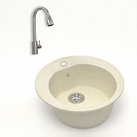 Превью фото Комплект Teymi 2 в 1 для кухни: мойка Lina D51, круглая, бежевая матовая + смеситель для кухни Lori для кухни с выдвижным изливом, глянцевый хром F01502 № 1