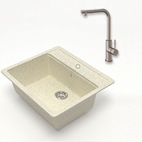 Превью фото Комплект Teymi 2 в 1 для кухни: мойка Helmi 57х50, бежевая матовая + смеситель для кухни Lori с выдвижной лейкой, 2 струи, сатин F01473 № 1